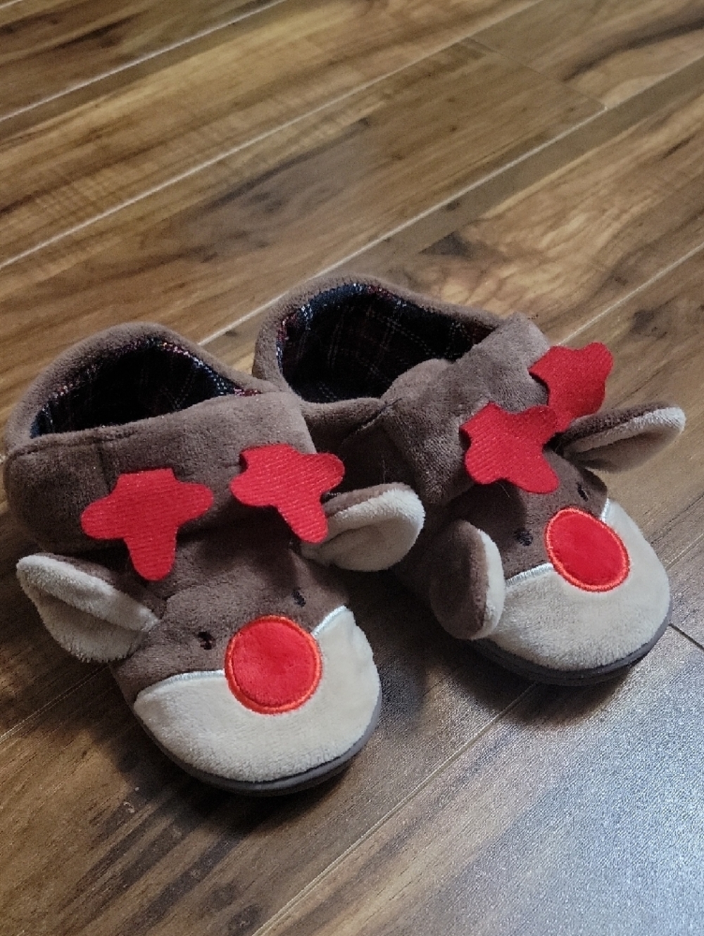 Kids Brown Reindeer Slippers with Red Nose - Cozy Plush Footwear